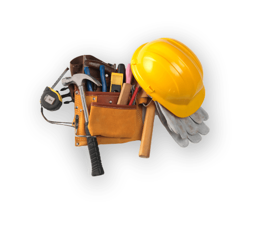 Bild von Werkzeugen, gelber Helm auf einer Seite und in einer Tasche auf der anderen Seite: 2 Hämmer, Zange, Handsäge, Lineal und Schraubenzieher